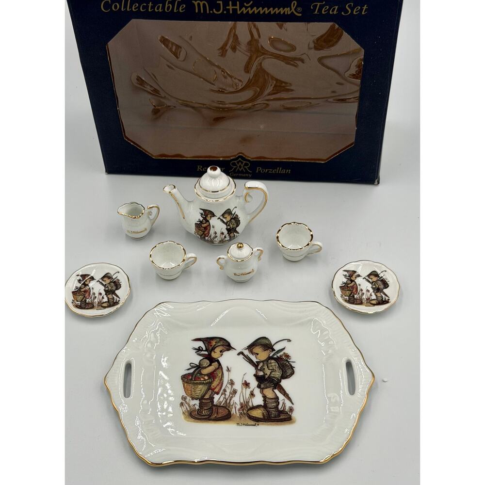 M. J. Hummel Mini Tea Set "Off To Town" "Looks Like Rain" Reutter Porcelain NIB
